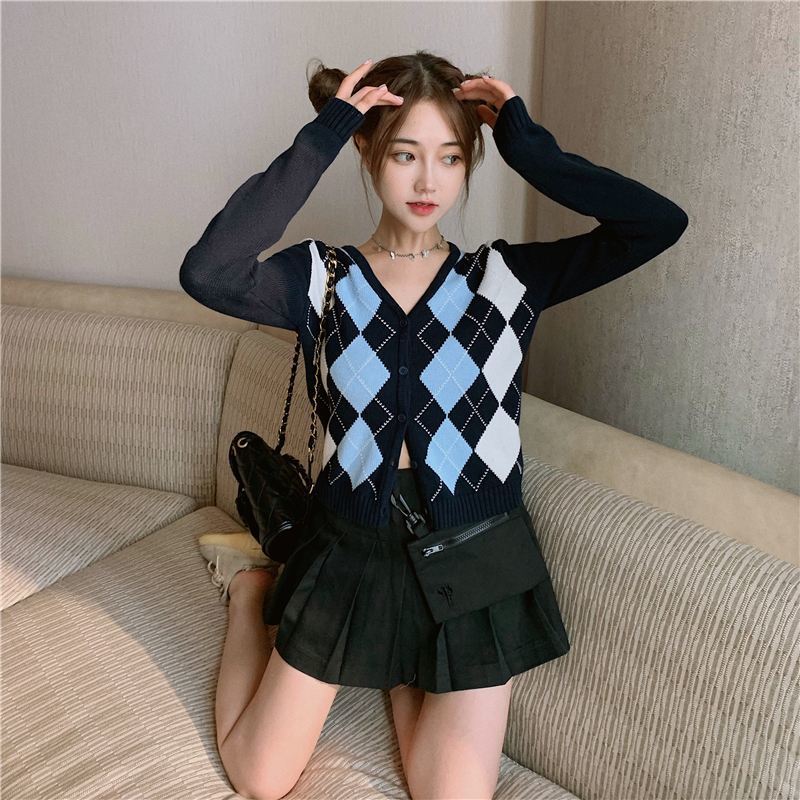 Áo khoác cardigan dệt kim cổ V họa tiết kẻ ô kiểu Hàn Quốc đáng yêu