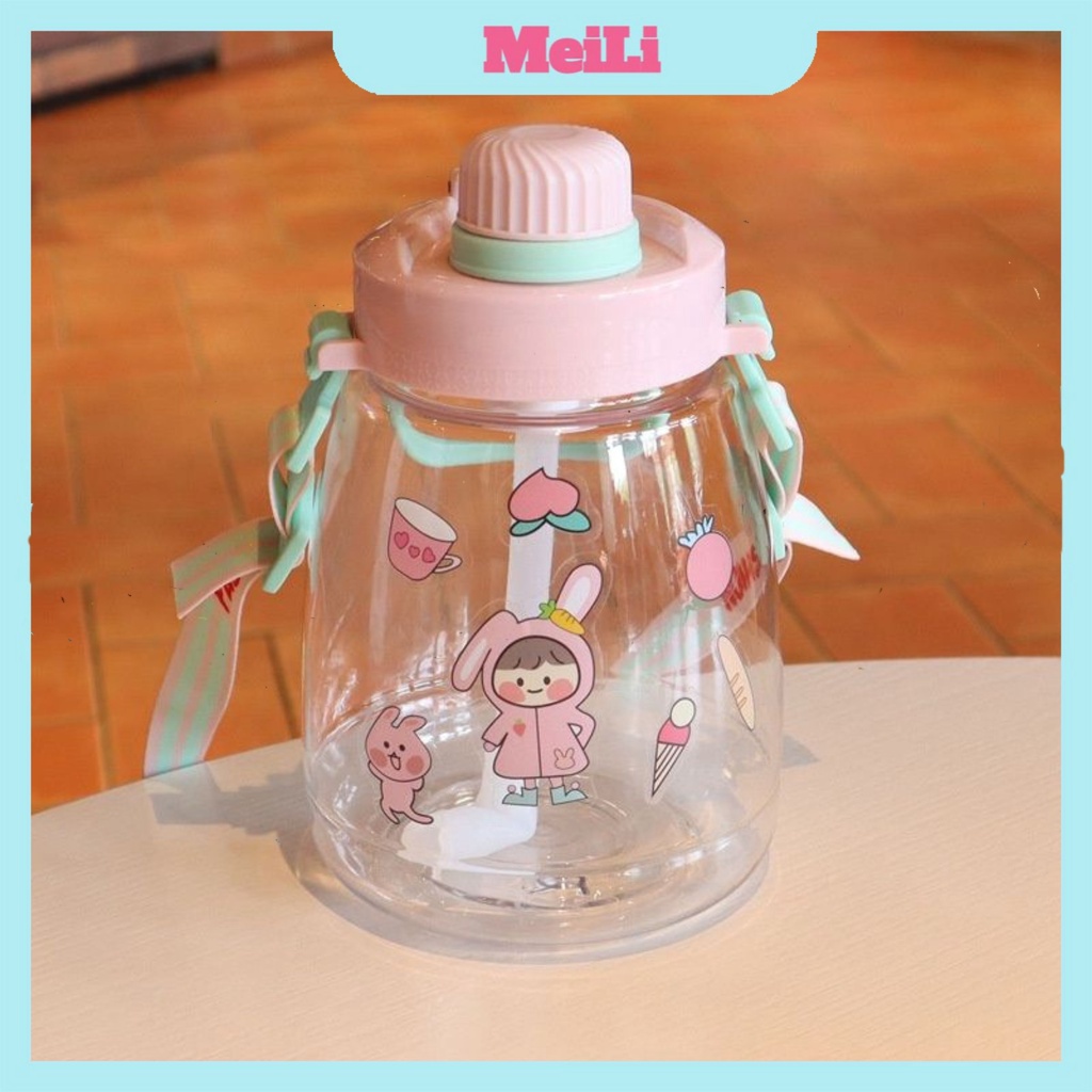 Bình Nước 1l❤️FREESHIP❤️Ly nước cute Dung Tích 1lít/1000ml Kèm Dây Đeo Và Sticker Đáng Yêu (tuyển sỉ).