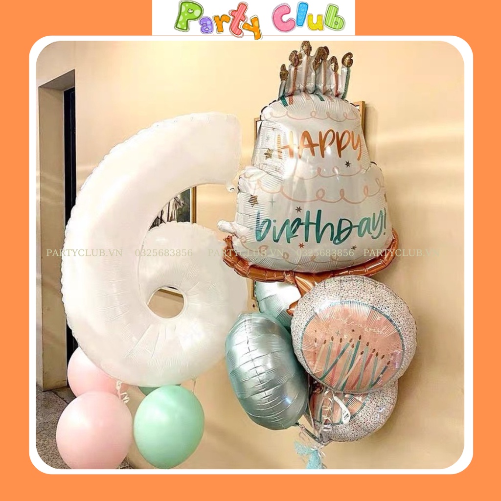 Bóng bánh kem Happy Birth Day màu trắng vintage trang trí sinh nhật