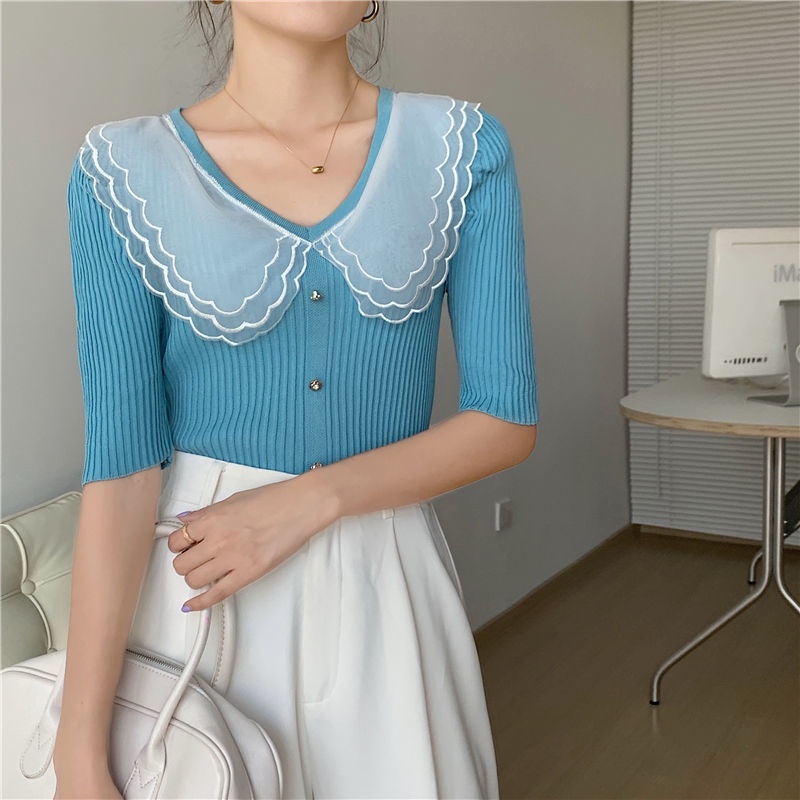 Áo Len Tay Ngắn Cổ Búp Bê Phong Cách Hàn Quốc Dành Cho Nữ