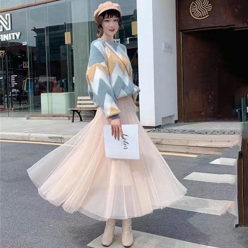 Chân Váy Lưới Dài Qua Gối Xếp Ly Dáng Dài Thời Trang Mùa Hè Hàng Mới