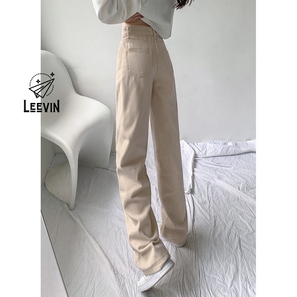 Quần Jean Ống Rộng Màu Be Lưng Cao Ulzzang - Kiểu quần bò nữ ống rộng baggy jeans cạp cao Leevin Store