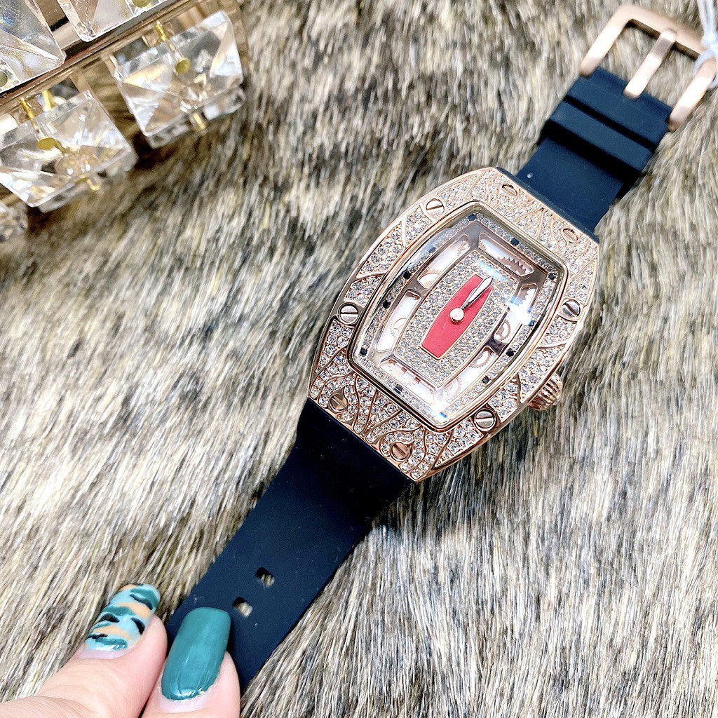 Đồng Hồ Nữ Davena Dây Silicon Đen Mặt Hoa Văn Đính Đá Rose Gold D31995 36mm Chính Hãng