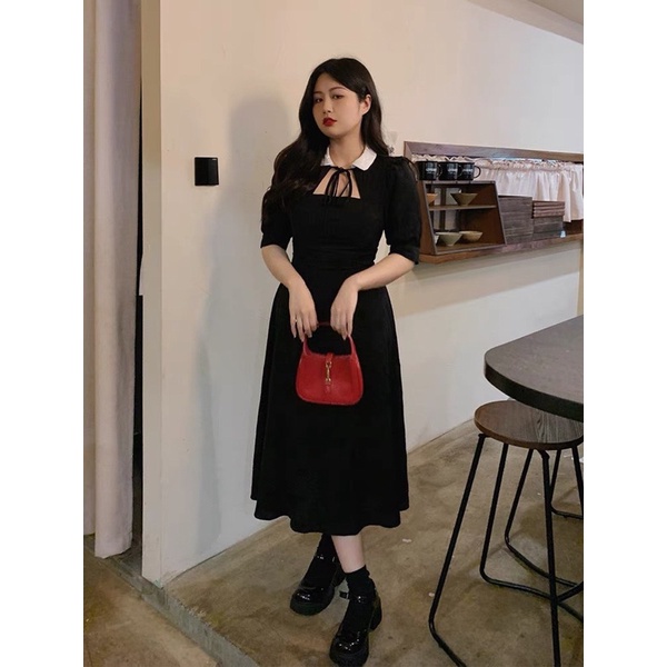 Váy phối cổ cut out bèo vai thắt dây cổ xinh vintage đủ size S M L Huyen hip