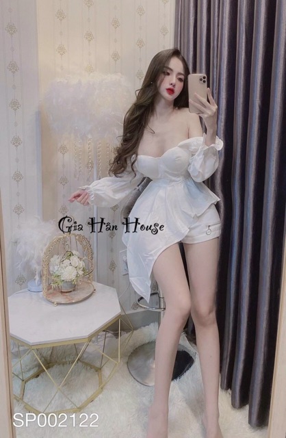 Set áo peplum tà xéo phối quần đùi lưng thun - Đen/Trắng - mặc đi chơi
