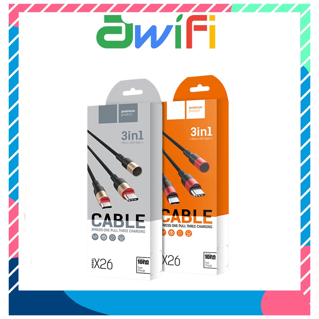 Cáp Sạc Nhanh Hoco X26 3 đầu IP, micro, typeC cho mọi loại máy Pin sạc dự phòng - Awifi Case H2-3