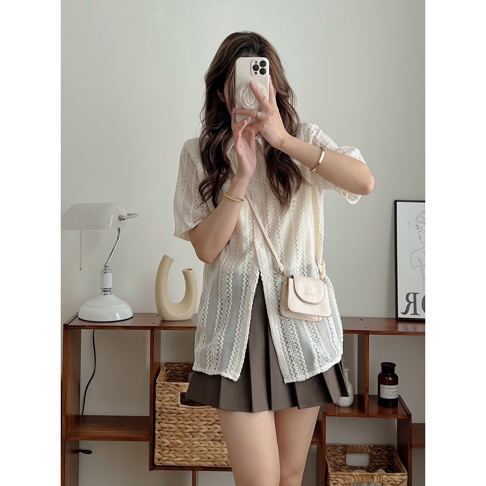 Áo sơ mi Hàn Quốc cộc tay chất vải họa tiết , áo sơ mi cộc tay vải họa tiết dày dẵn phong cách hàn quốc