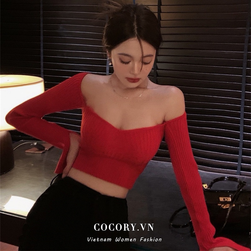 Cocory vn Áo kiểu croptop tay dài cổ chữ V quyến rũ thời trang dành cho nữ