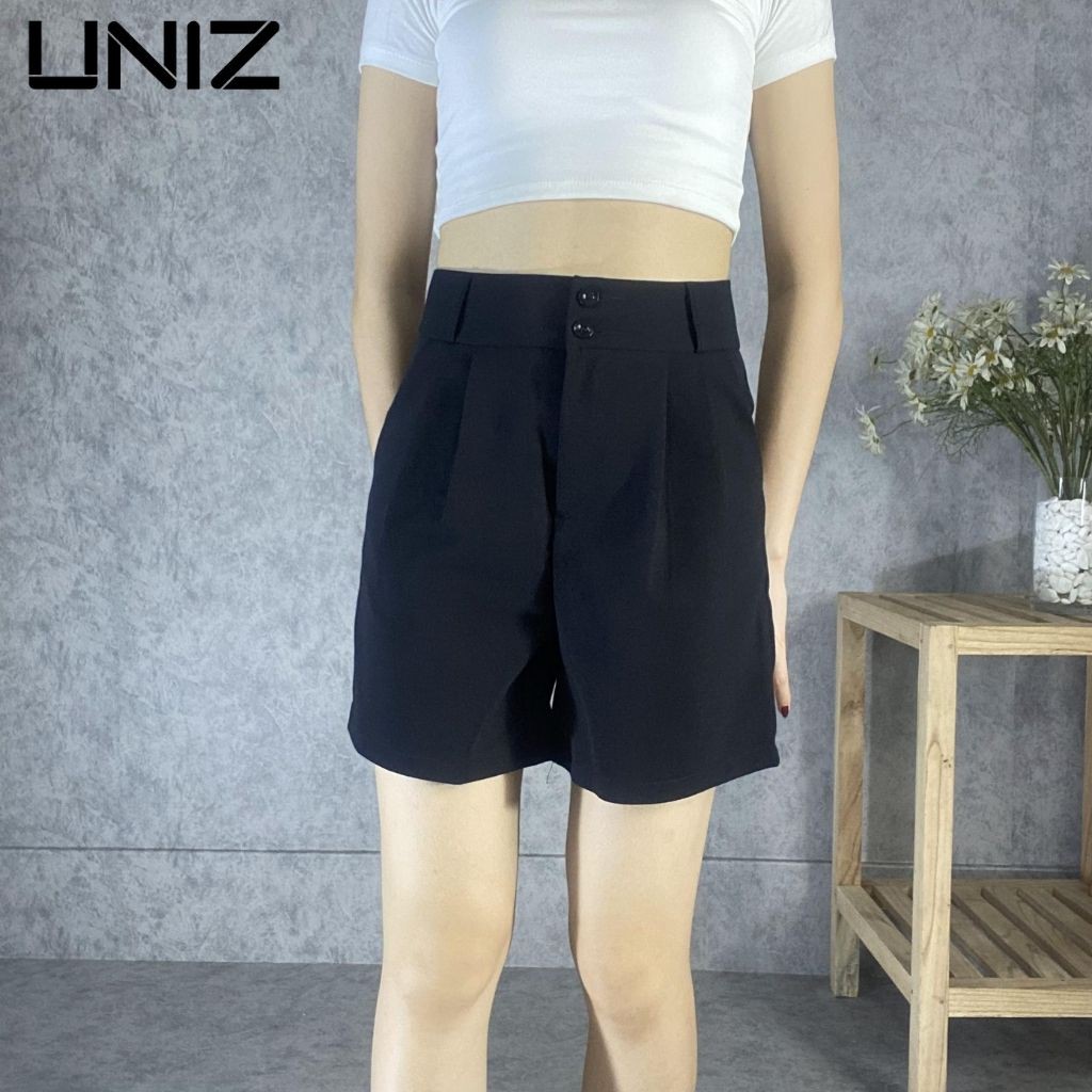 Quần Short Nữ UNIZ  Q2088 (Màu Đen), Dáng Ngắn, Teen, Cạp Cao, Bản To, Form Rộng, Vải Tuyết Mưa, Mềm Mịn, Không Bai