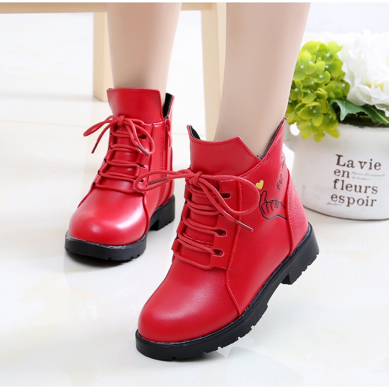 Giày boot cho bé gái da mềm khoá kéo dây thắt thời trang màu Đen Đỏ size 27-39 Phong Cách Hàn Quốc dễ thương Bốt trẻ em