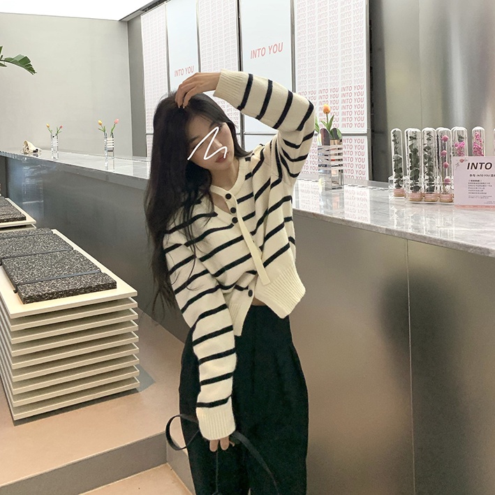 Áo cardigan ZHELIHANGFEI dệt kim tay dài lưng cao kẻ sọc thiết kế quyến rũ cá tính