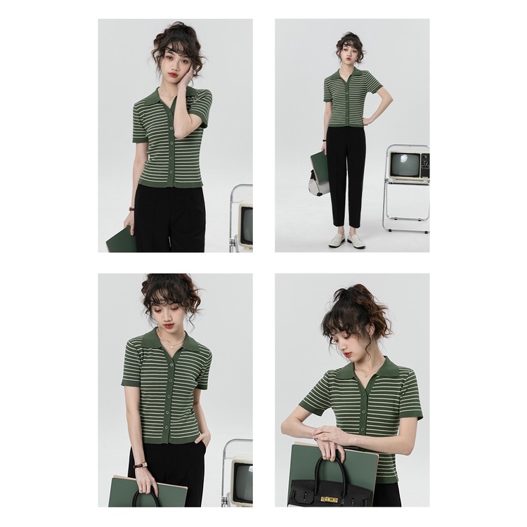 Áo polo ZHELIHANGFEI dệt kim tay ngắn cổ bẻ có nút cài họa tiết kẻ sọc thời trang dành cho nữ