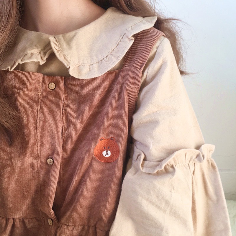 ❤️❤️ Sét yếm nhung kèm áo sơ mi Ulzzang thêu gấu cute