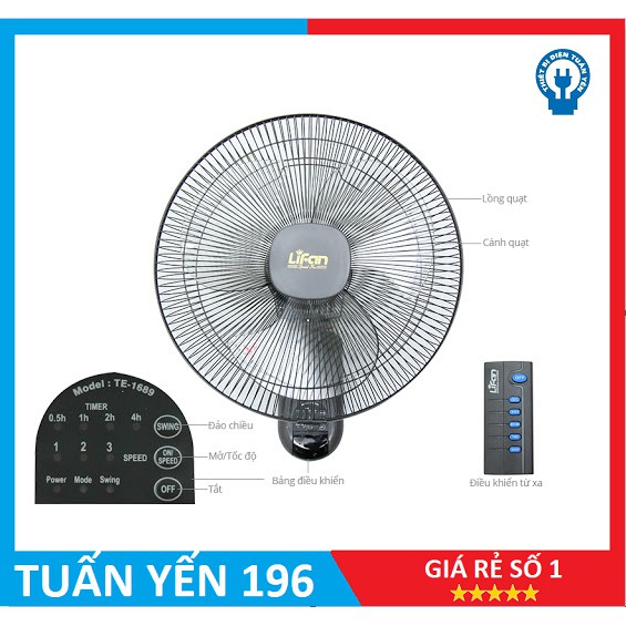 [CÓ GRAP SHIP] Quạt Treo Tường Remote (Điều Khiển Từ Xa) Lifan TE-1688.