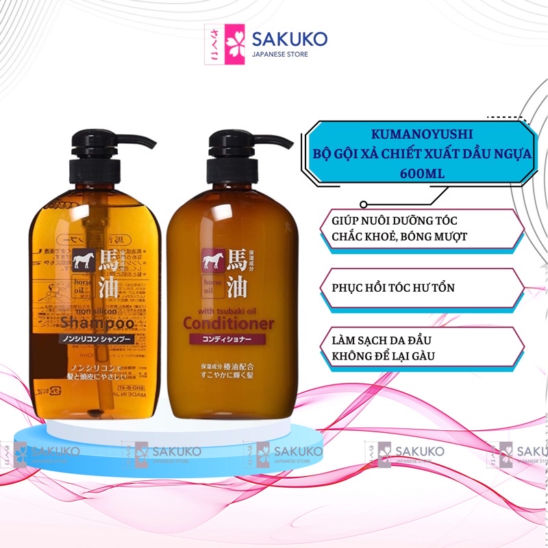 Bộ Dầu Gội Xả Chiết Xuất Dầu Ngựa Kumano Cosme Station Horse Oil Non Silicon Shampoo Nội Địa Nhật (600ml) - SAKUKO