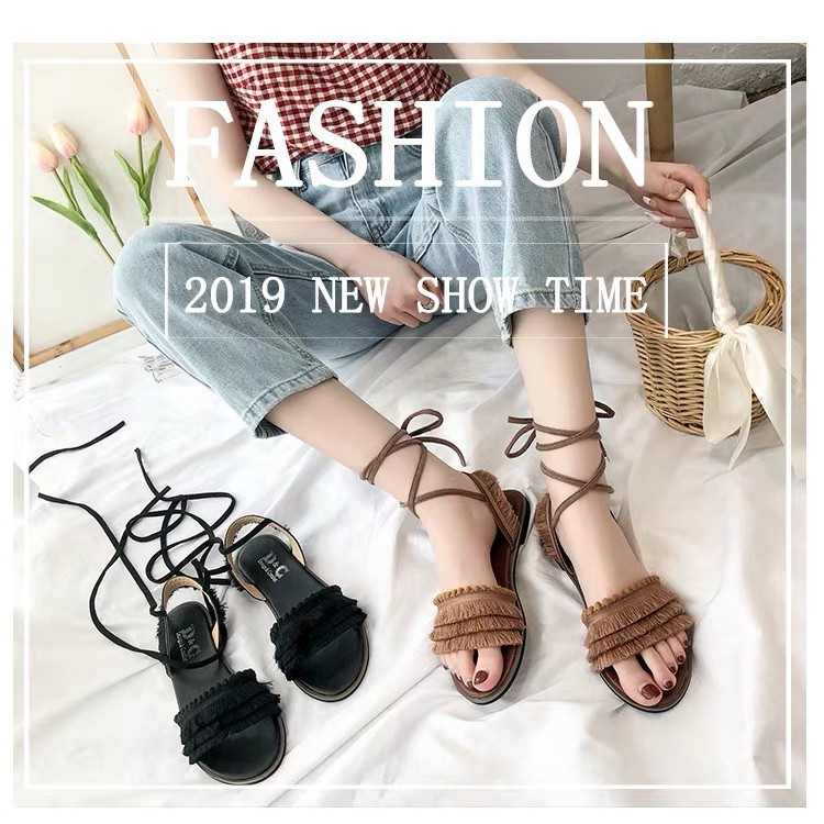F9■⊕™GDN3419094 DÉP HÈ SANDAL QUAI HẬU DÂY BUỘC LA MÃ VINTAGE ULZZANG CÁ TÍNH