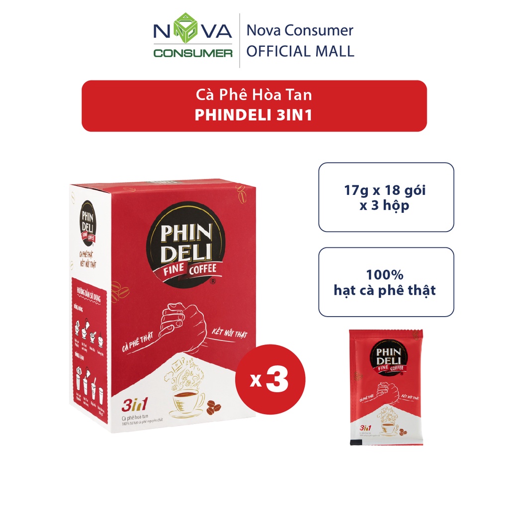 [Combo 3 hộp] Cà Phê Hòa Tan PhinDeli 3in1 (17g x 18 gói x 3 hộp)