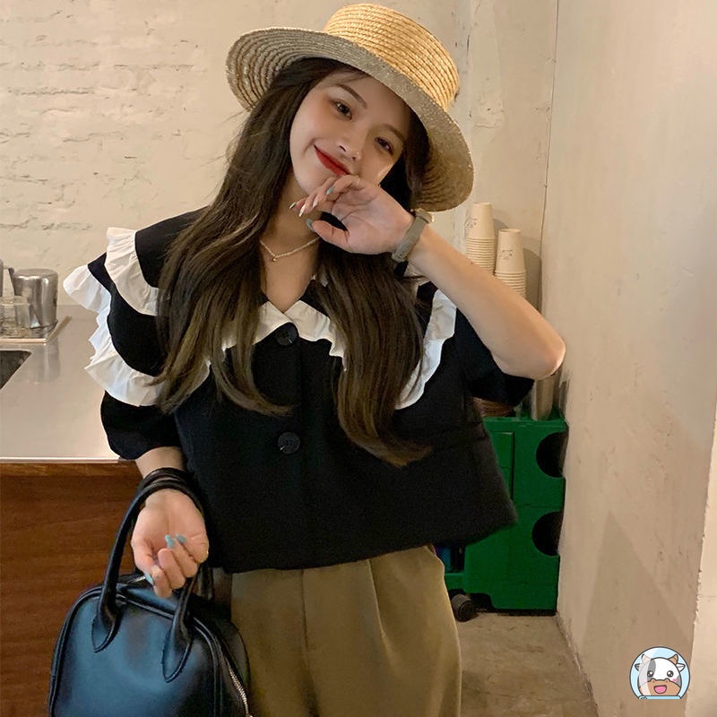 Áo Crop Top Tay Ngắn Cổ Búp Bê Vải chiffon Thời Trang Cho Nữ