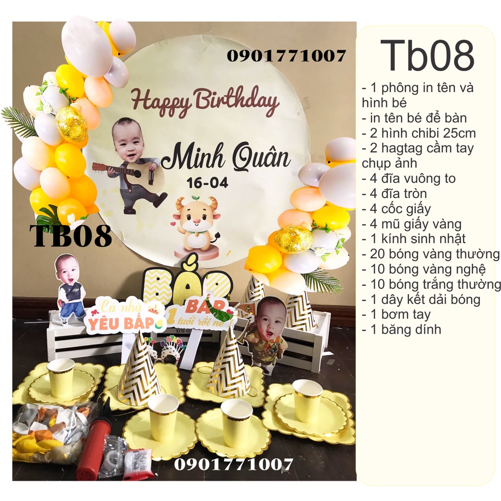Set trang trí sinh nhật Mon Party combo phụ kiện sinh nhật cho bé 1 tuổi kèm hình chibi, bóng bay đầy đủ