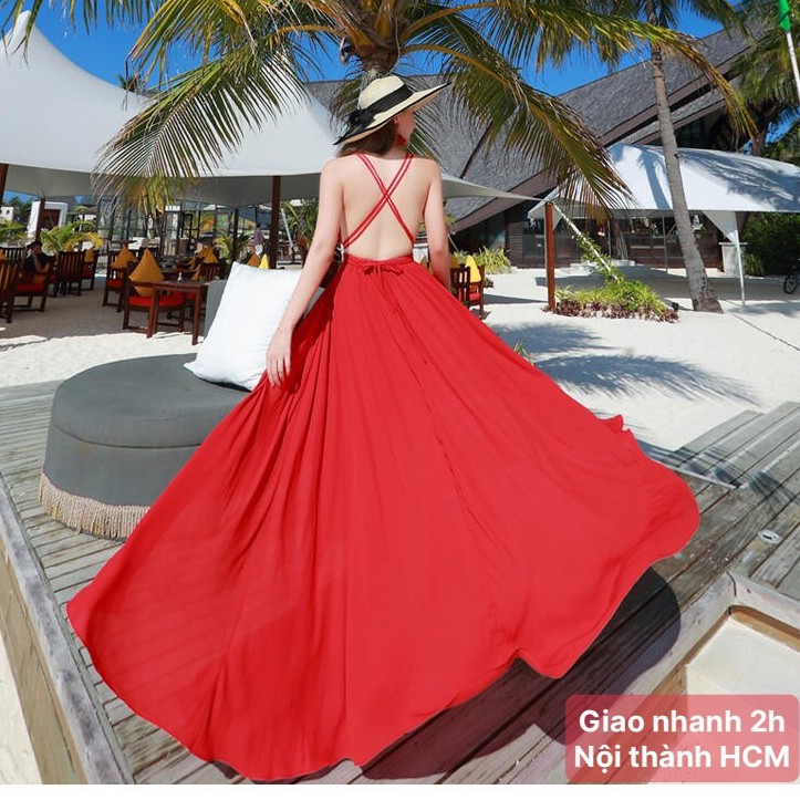 🔴Đầm maxi đỏ đan lưng/ hở lưng xẻ tà đi biển | BigBuy360 - bigbuy360.vn