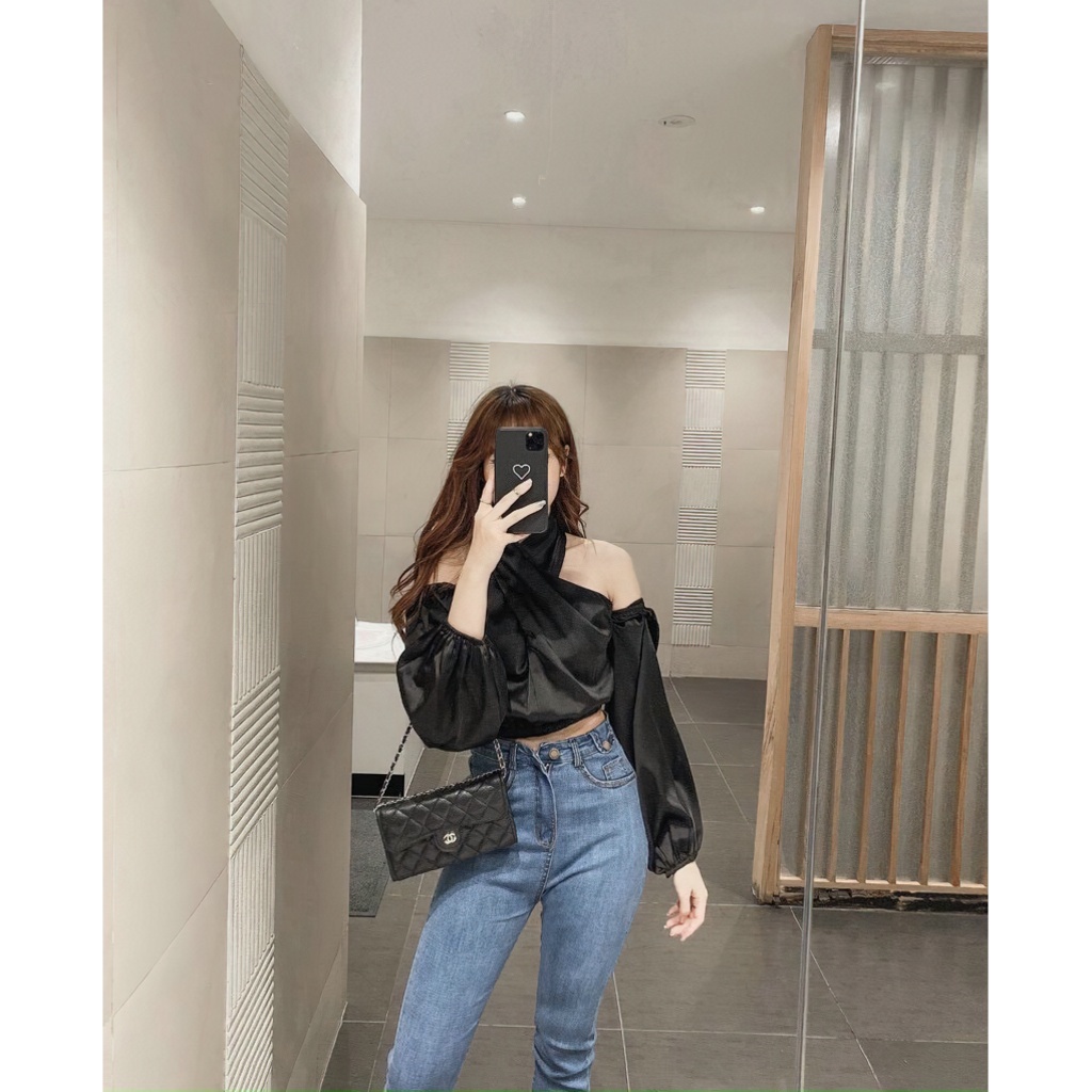 Áo trễ vai croptop kiểu nữ tay dài thiết kệ độc lạ hở lưng quyến rũ freesize màu trắng và đen THEA TOP