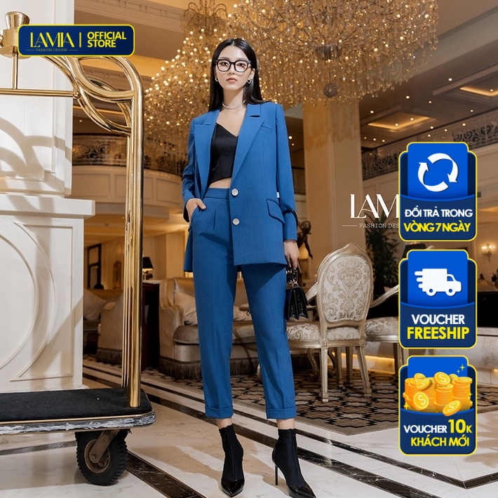 Set vest công sở nữ đẹp Lamia Design LE166 màu xanh cobalt dáng suông trẻ trung thời thượng
