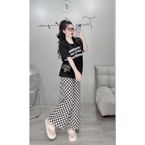 Set áo thun quần suông caro vải đẹp giá tốt