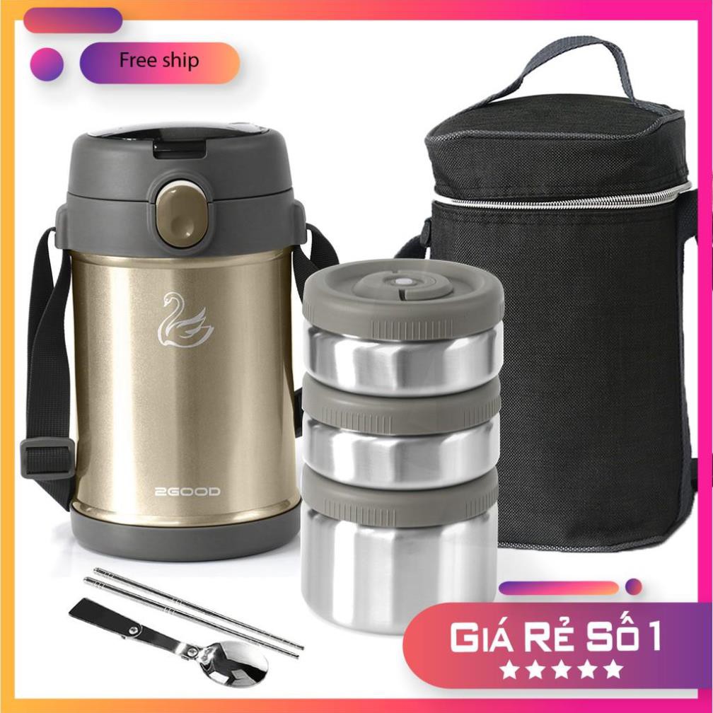 Bộ hộp cơm giữ nhiệt 2GOOD Màu Vàng  - Kèm Muỗng và Đũa Inox 304