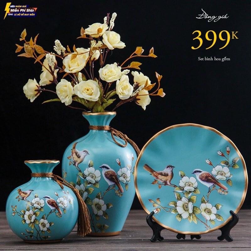 Bộ 3 món bình hoa - lọ hoa trang trí decor hút tài lộc trang trí phòng khách.