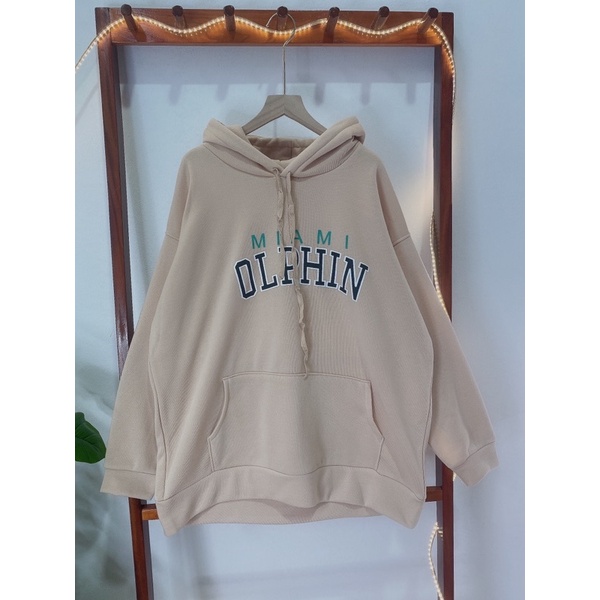 Áo hoodie in chữ OLPHIN nỉ bông mũ 2 lớp tay bồng basic unisex oversize