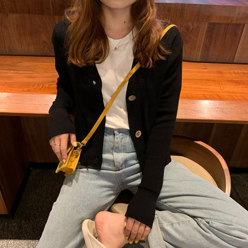 Áo khoác Cardigan dệt kim phối nút thiết kế màu trơn thanh lịch