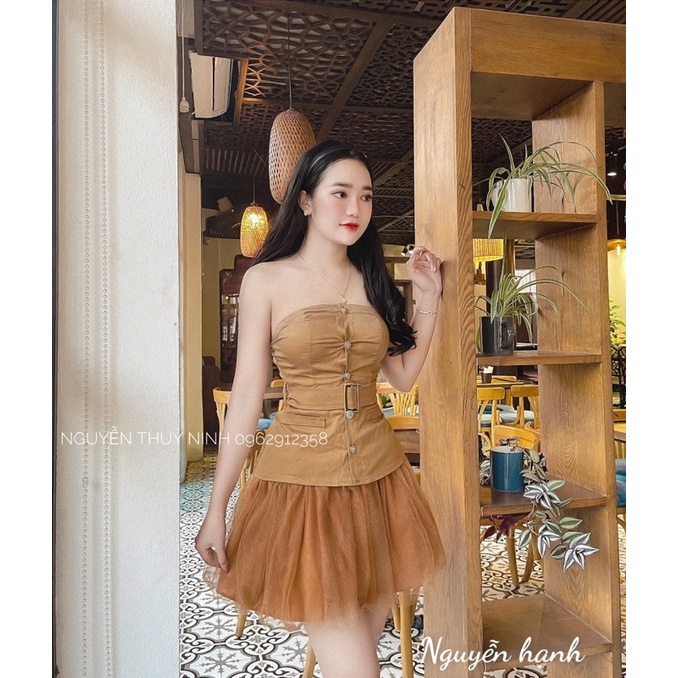 Set áo quây kèm đai + chân váy voan