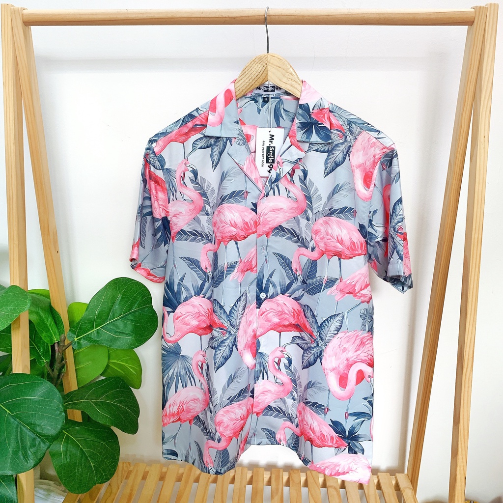 Áo Sơ Mi Nam Nữ Unisex Họa tiết Đi Biển Tay Ngắn Hồng Hạc, Chất Lụa Gân Dày Đẹp, Hàng thiết Kế Mr.Smile 99 Shop