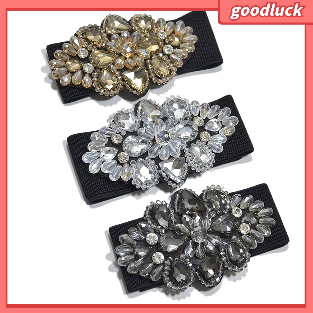 Thắt lưng co giãn bản to hoạ tiết hoa đính đá nhiều màu sắc