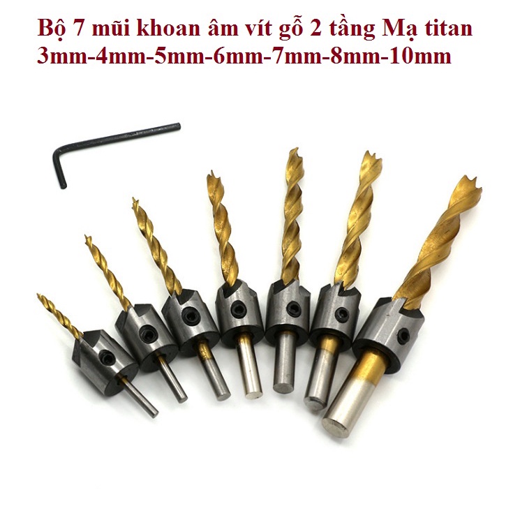 Bộ 7 mũi khoan vít gỗ 2 tầng phủ Titanium kích thước 3mm đến 10mm