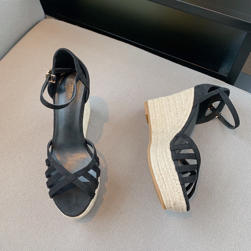 Giày Sandal Cao Gót Đế Xuồng Bện Dây Rơm Mỏng Phong Cách Châu Âu 2022 Cho Nữ