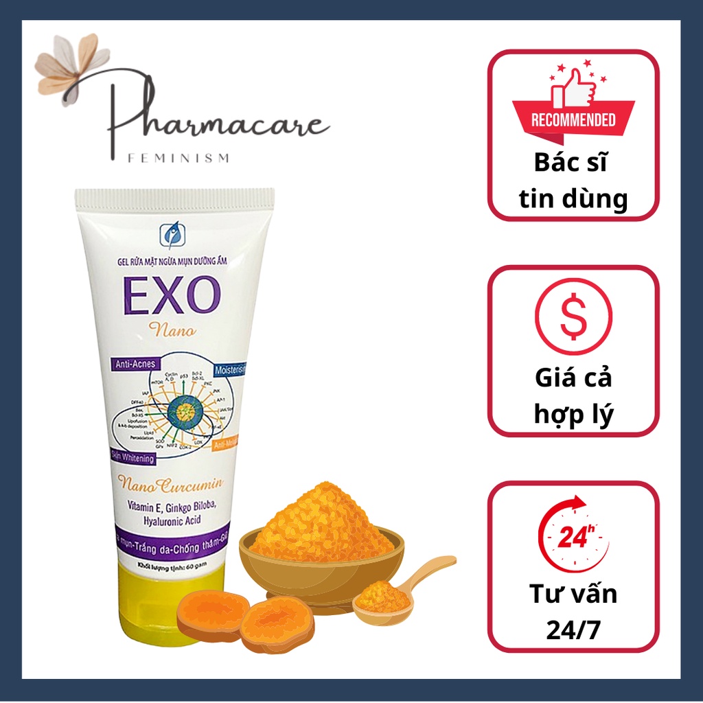 Gel rửa mặt ngừa mụn dưỡng ẩm, sữa rửa mặt Exo Nano chiết xuất Nano Curcumin từ Nghệ giúp làm sáng da