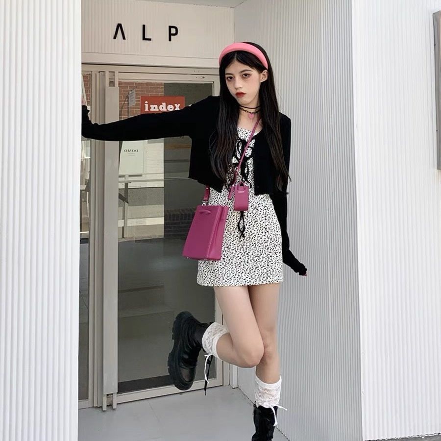 Jiashucheng Áo Khoác Cardigan Hai Dây Màu Đen Dáng Ngắn Chất Liệu Lụa Mỏng Cao Cấp Thời Trang Cho Nữ