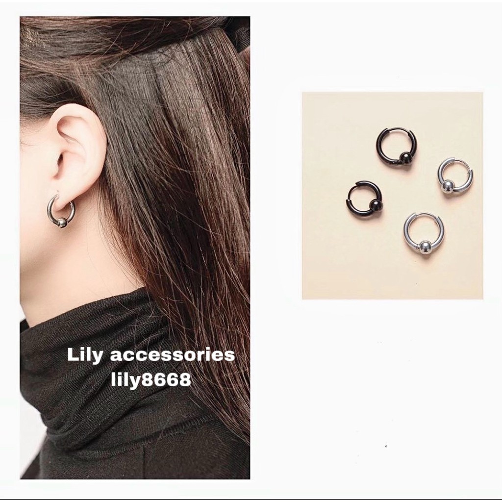 Ball Hoop Earring khuyên tai titan tròn phối bi không gỉ không đen không dị ứng nam nữ unisex