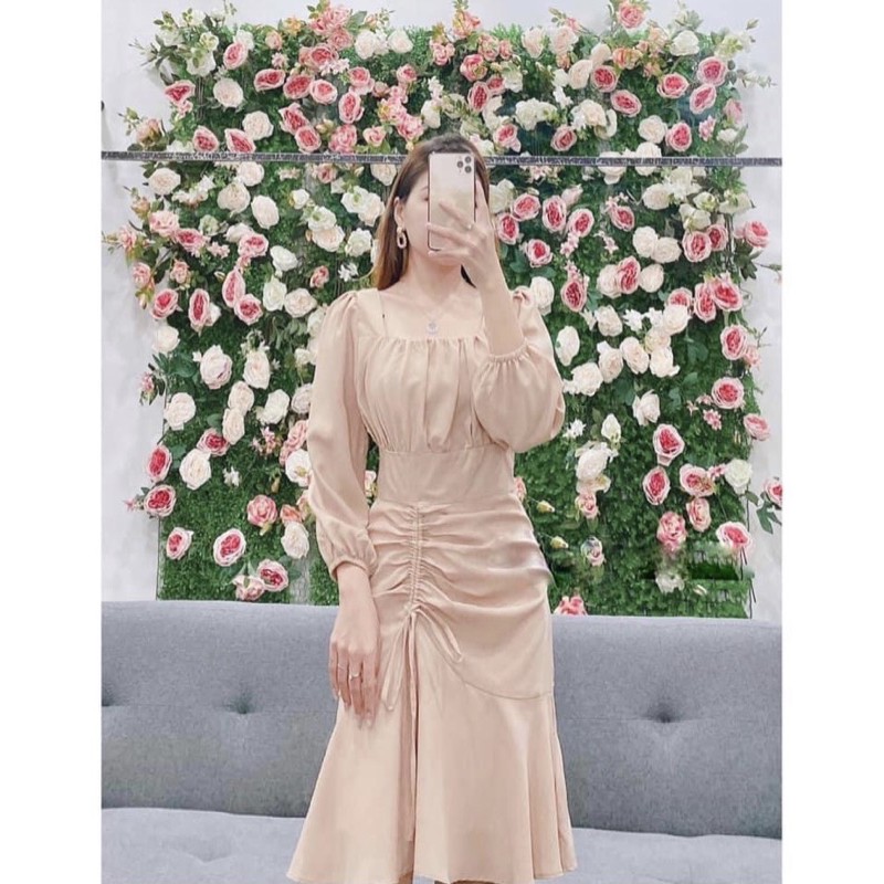 Đầm cổ vuông rút bèo tay dài | BigBuy360 - bigbuy360.vn