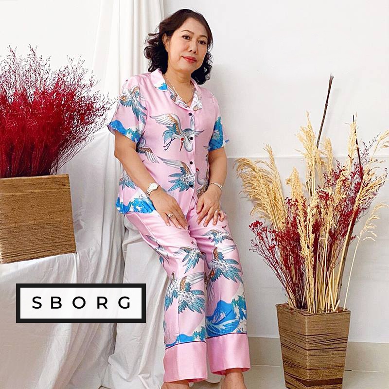 Đồ bộ trung niên SBORG pijama nữ mặc nhà lụa satin hạc sang trọng quần dài có túi đồ đôi mẹ và con gái quà tặng mẹ