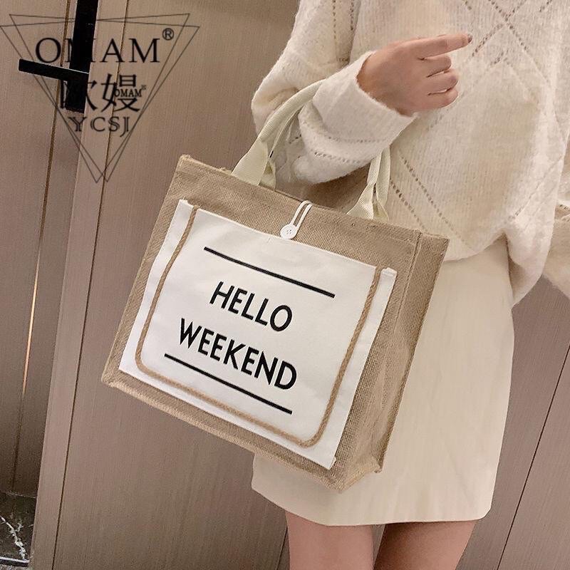 Túi Cói Đi Biển Hello Weekend Kiểu Dáng Basic Dễ Dùng