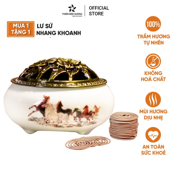 Lư Sứ Xông Trầm Hương - Tặng 1  khoanh nhang Trầm Hương đốt 12 năm  - Thiên Mộc Hương - Nắp đồng hoa văn, sứ cao cấp