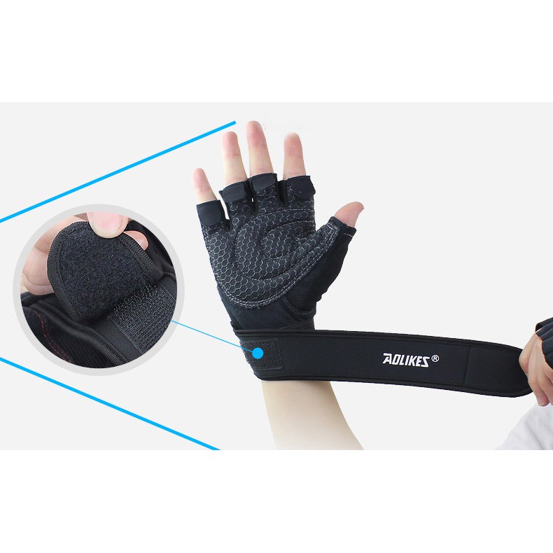 Bán buôn - Aolikes AL109  Găng tay tập gym cao cấp, có cuốn cổ tay, đệm lòng bàn tay chống trượt chuyên gym