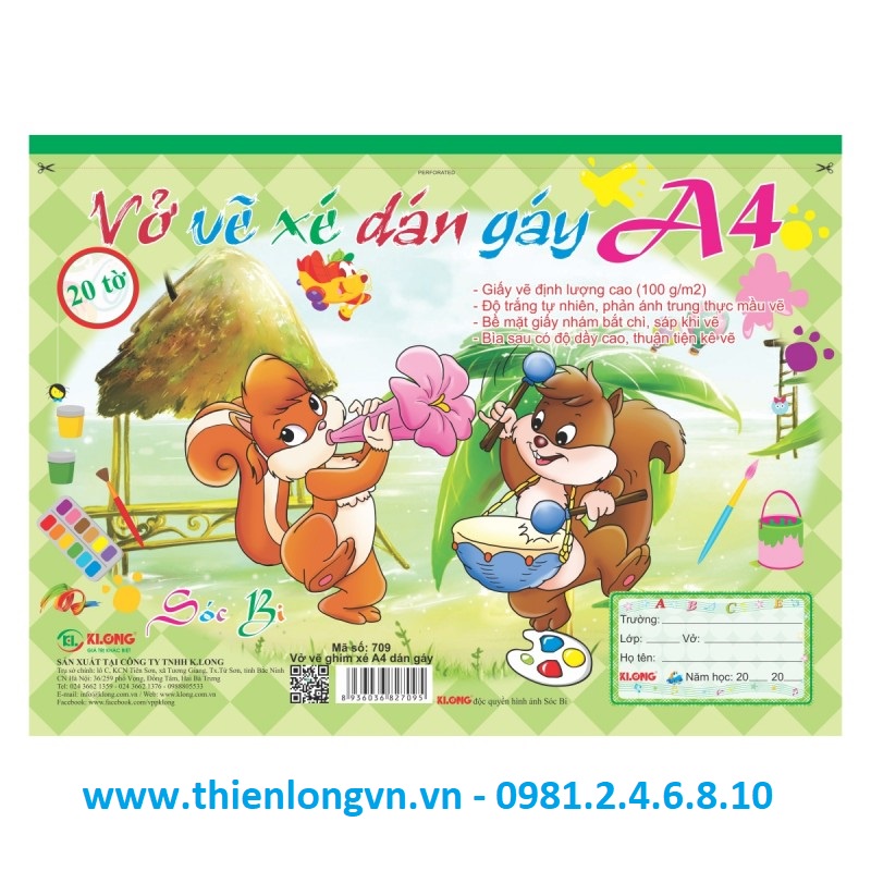 Vở vẽ ghim xé dán gáy A4 - 20 tờ; Klong 709 bìa xanh lá