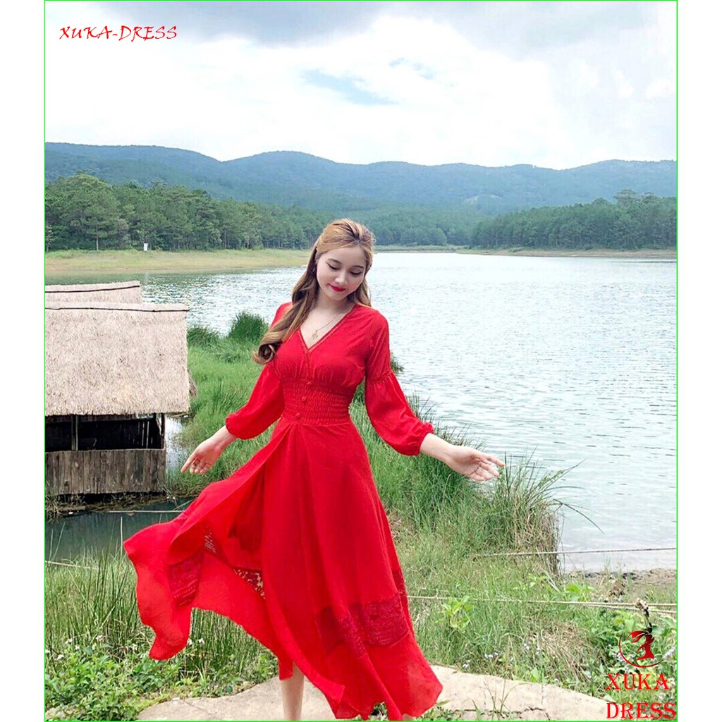 Đầm maxi đỏ phối ren dự tiệc xẻ tà sang trọng | BigBuy360 - bigbuy360.vn