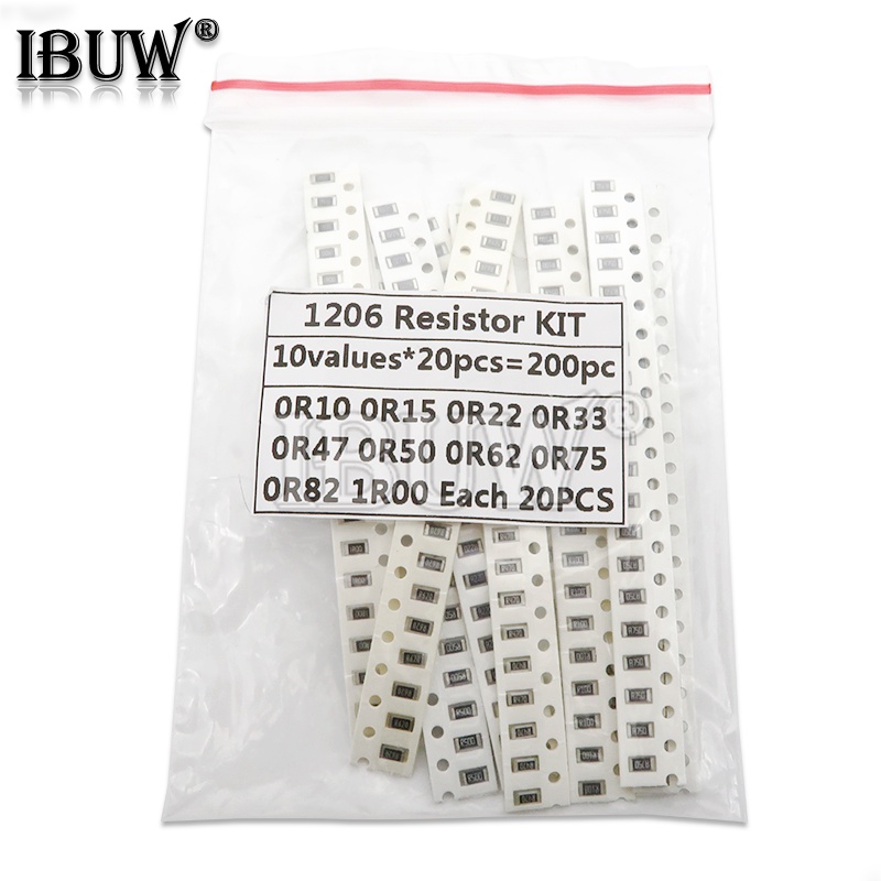 Set 200 Điện Trở 1% 1206 SMD 10 Giá Trị X20 Cái 1R00 R820 R750 R620 R500 R470 R330 R220 R150 R100