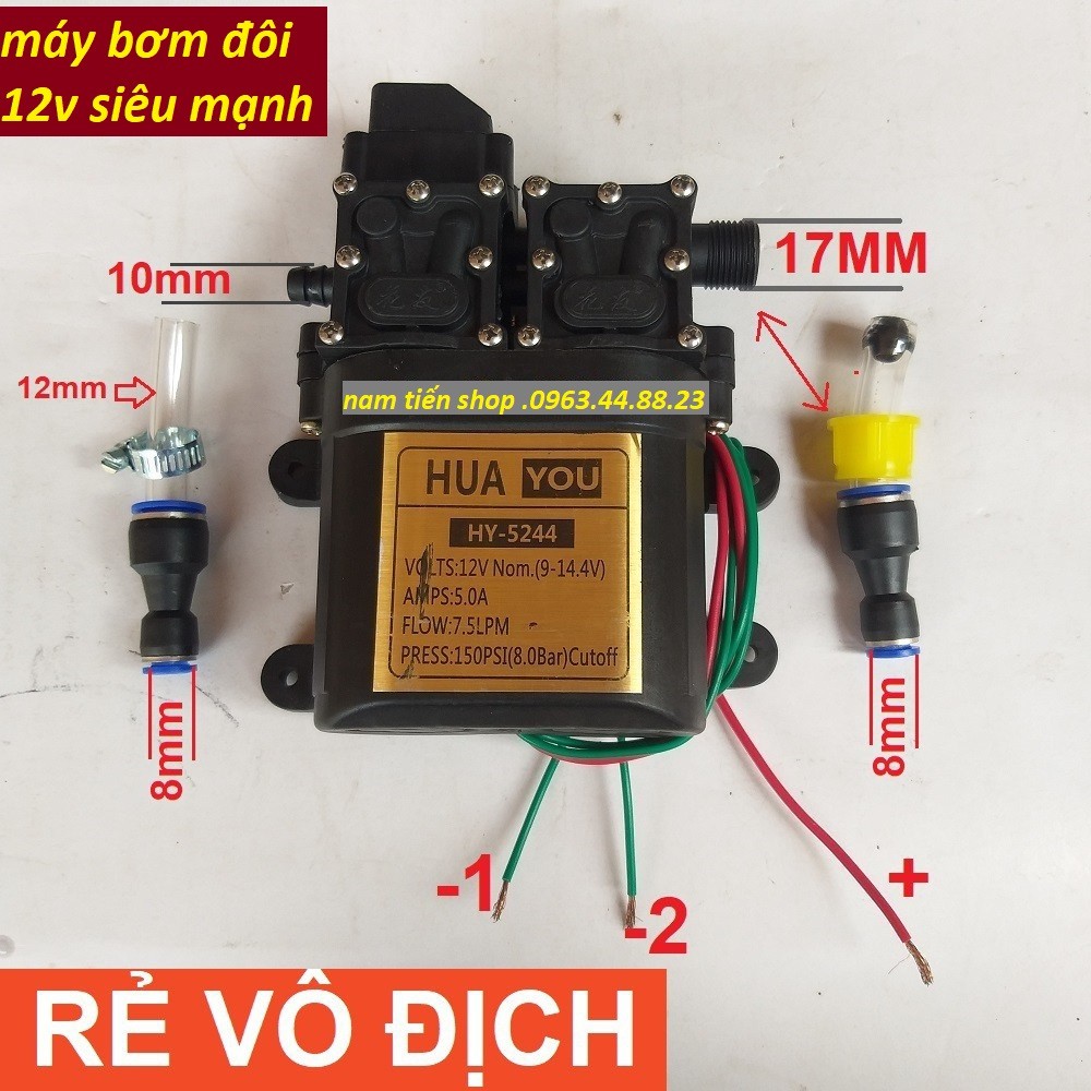 bơm phun sương - bơm tăng áp mini (máy bơm nước 12v-đôi + 2 chuyển ống 8)