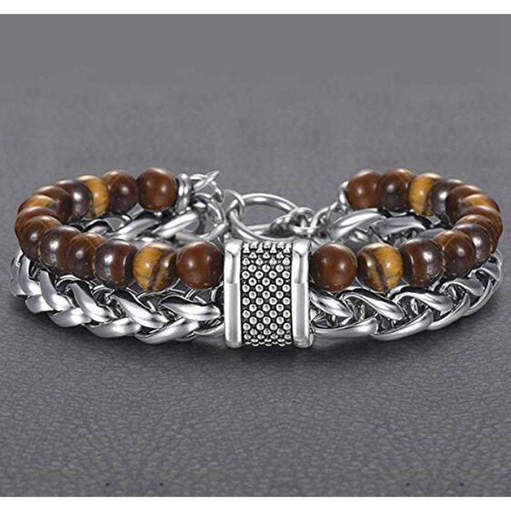 Natural Tiger Eye Obsidian Beaded Gelang Pria Trendy Rantai Gandum 22 CM