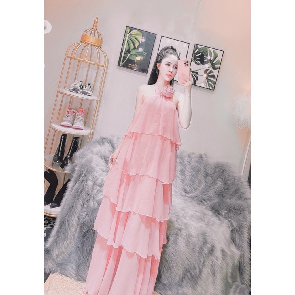 Đầm maxi tầng dàng dài cổ yếm thắt hoa hở lưng đi biển cá tính siêu xinh XUKA-DRESS MT045 chất Voon 2 lớp sang trọng.
